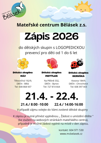 Mateřsk&eacute; centrum Běl&aacute;sek z. s. - Z&aacute;pis 2026